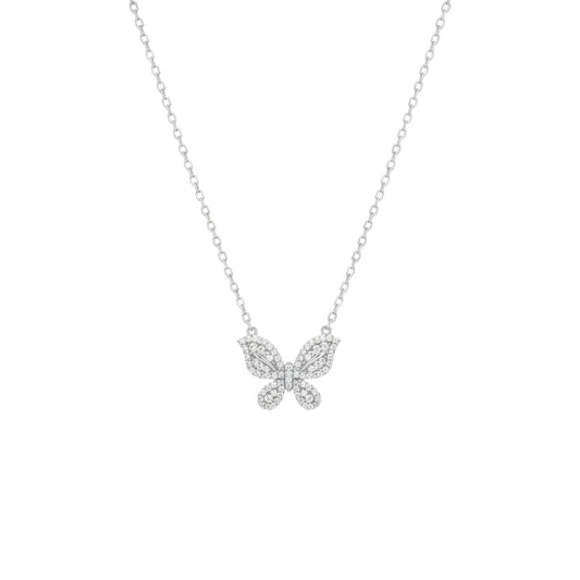 Butterfly-shaped pendant necklace on a white background