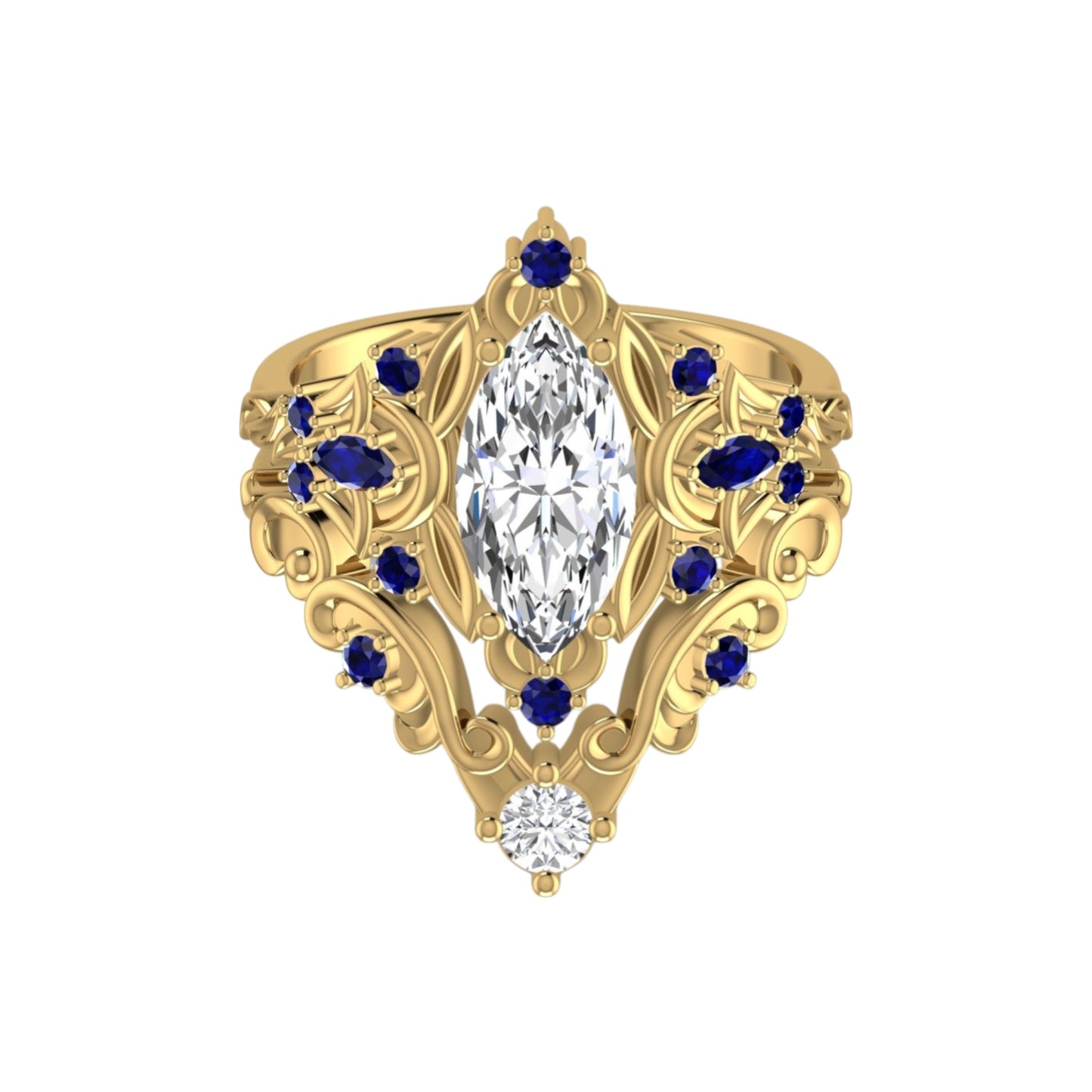 Gold ring with marquise-shaped diamond and blue gemstones on a white background