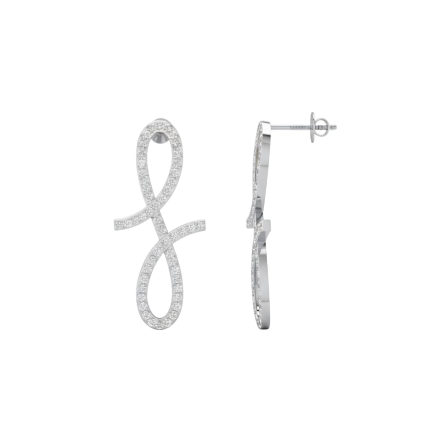 Silver earrings with a decorative design on a white background