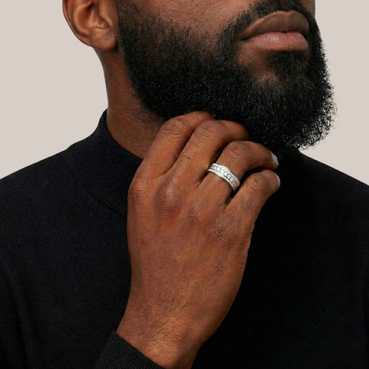 Man wearing a black sweater with a close-up of his hand touching his chin, showing a ring.