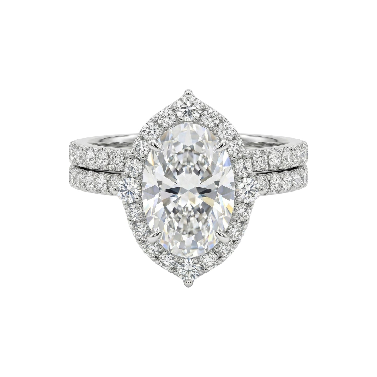 Diamond ring with a pear-shaped center stone on a white background