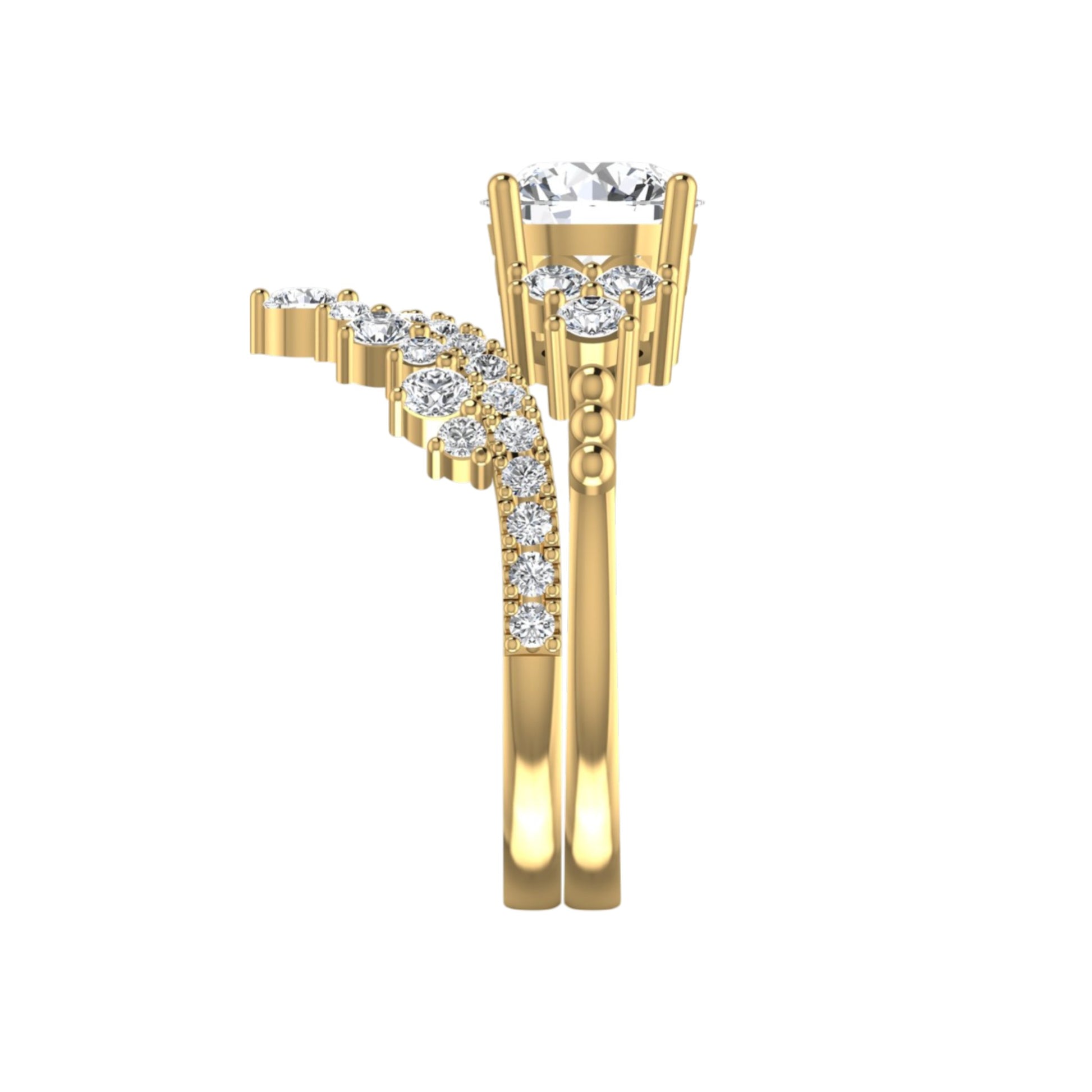 Gold earrings with diamond accents on a white background
