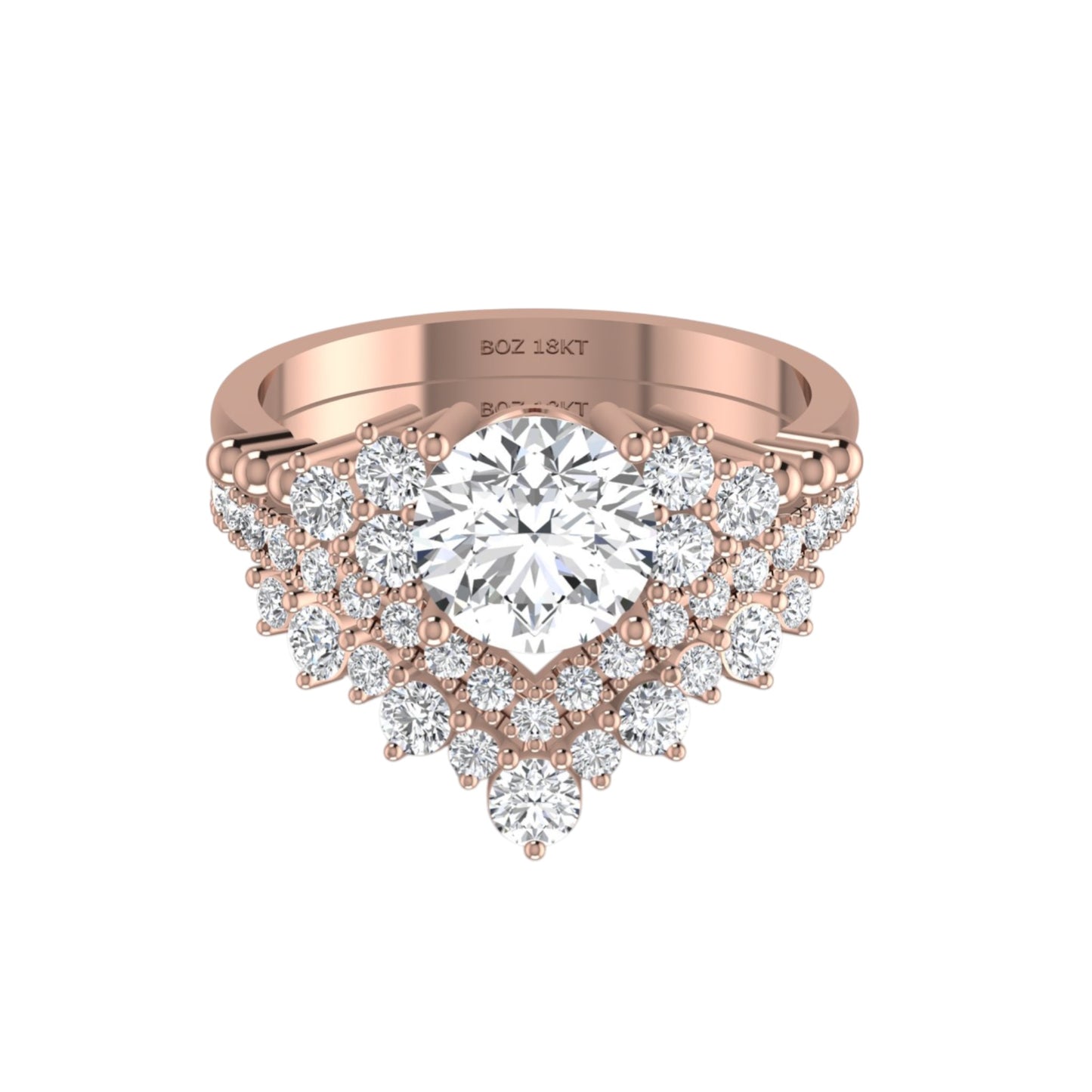 Rose gold ring with a large diamond and smaller diamonds on a white background