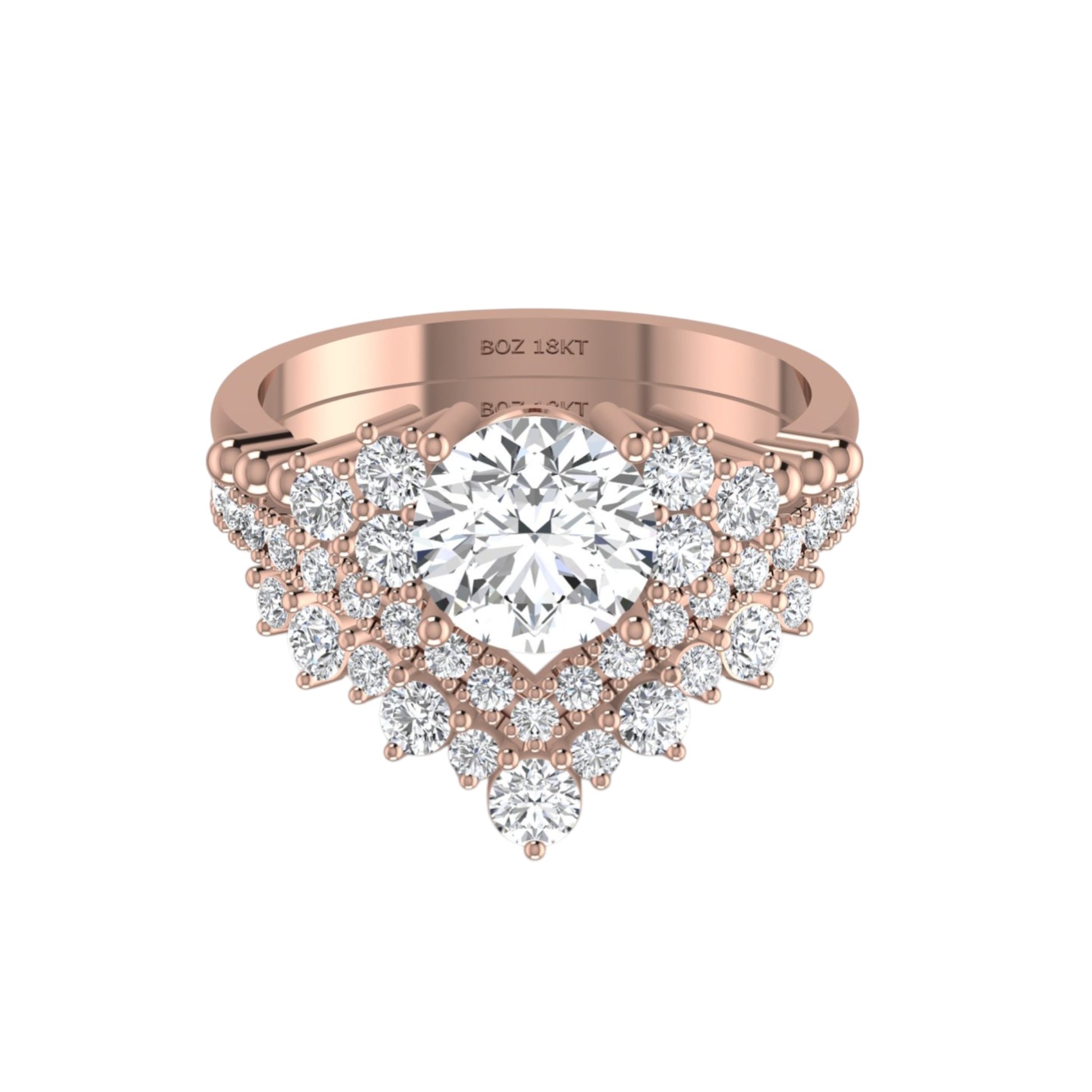 Rose gold ring with a large diamond and smaller diamonds on a white background