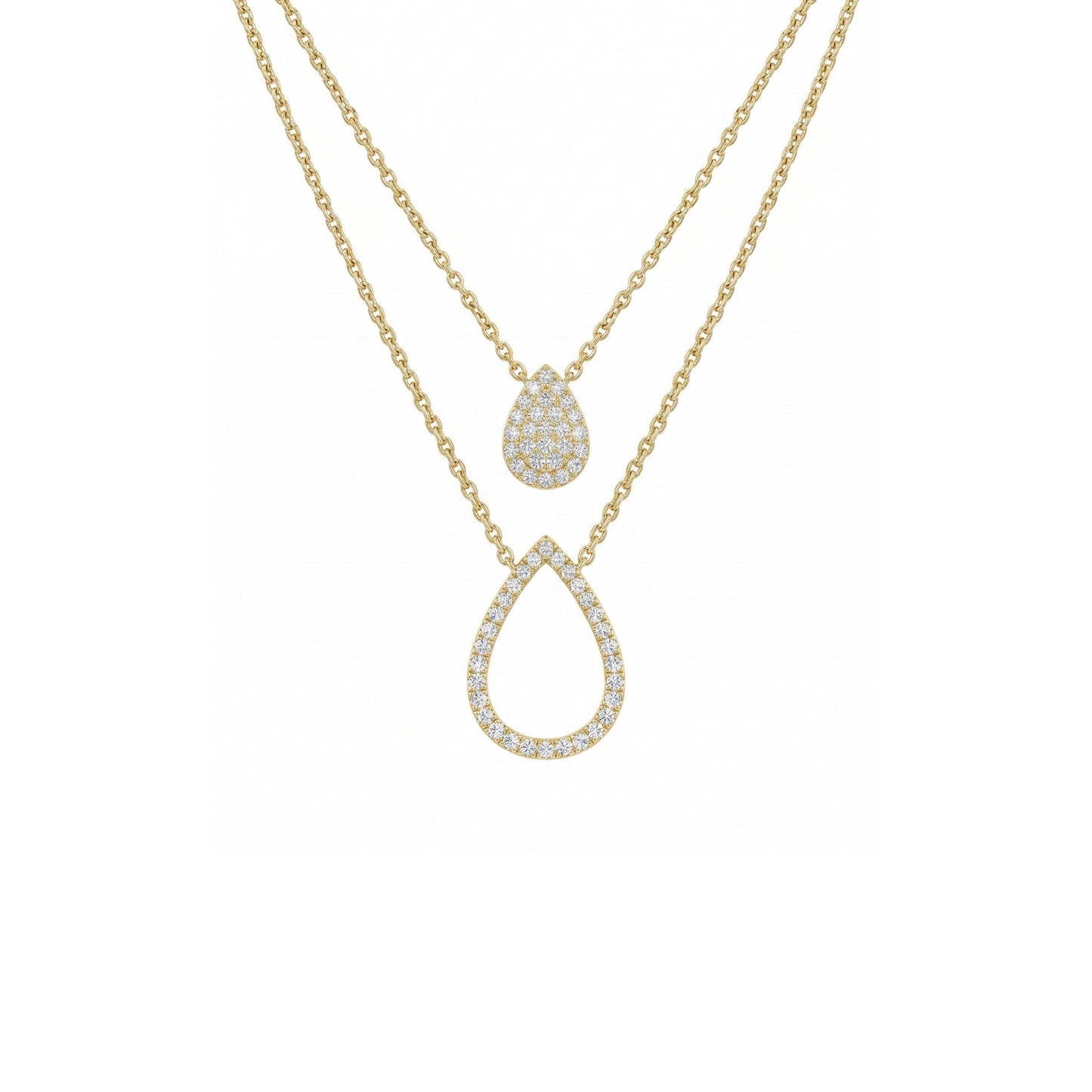 Gold necklace with teardrop-shaped pendant on a white background