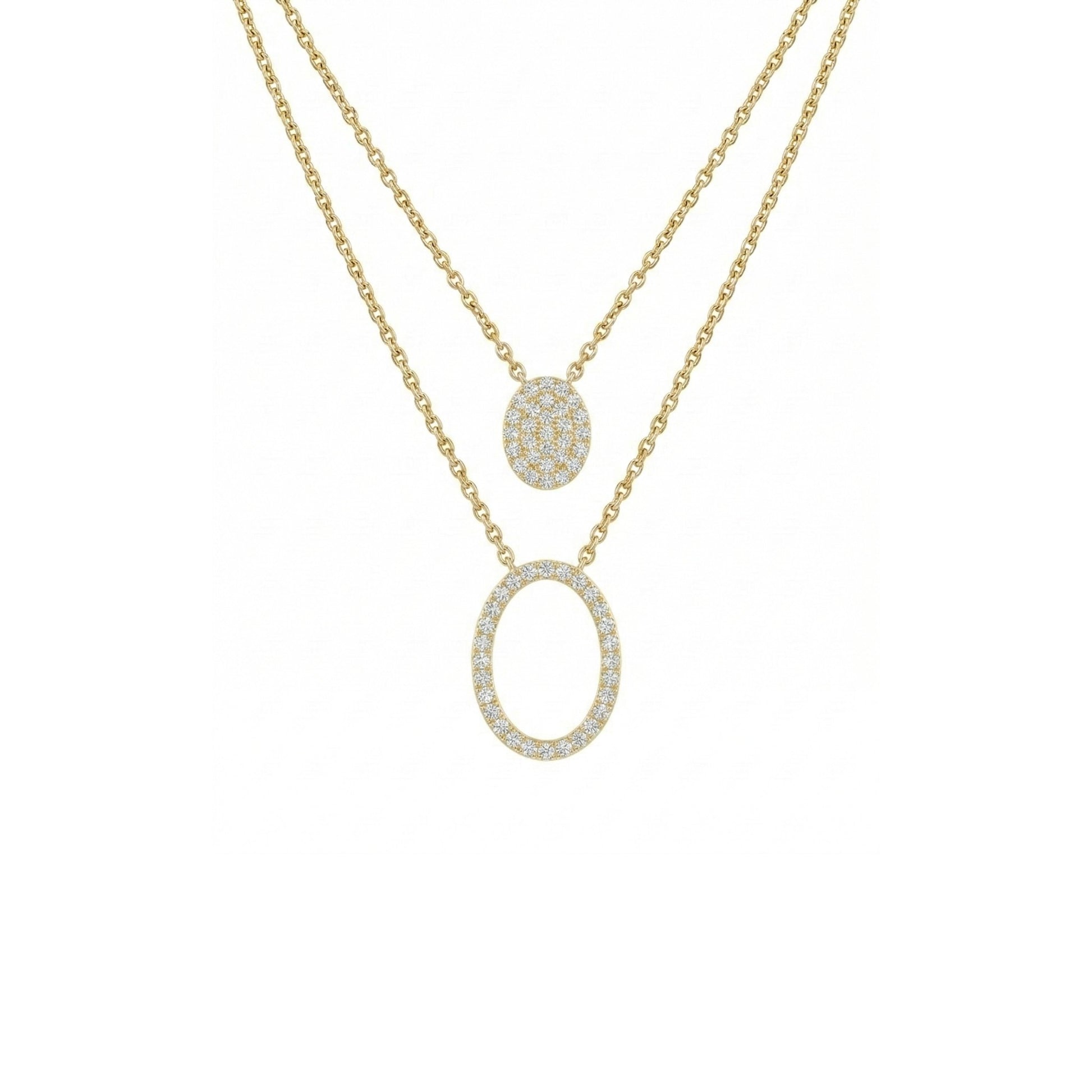 Gold necklace with two pendant designs on a white background