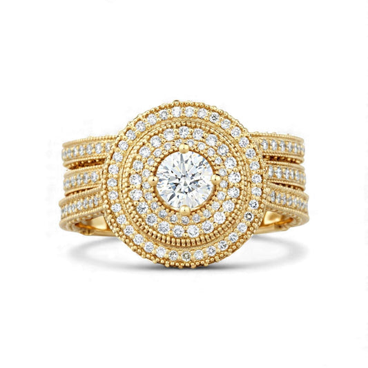 Zack Triple Halo 18KT gold 3-piece bridal set with round cut natural diamond and triple halo design
