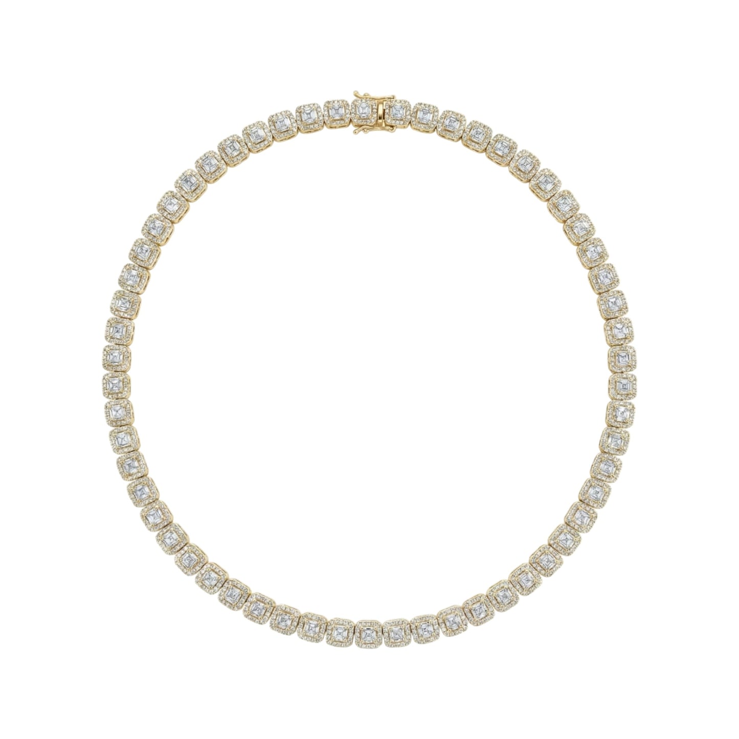 Gold bracelet with clear gemstones on a white background