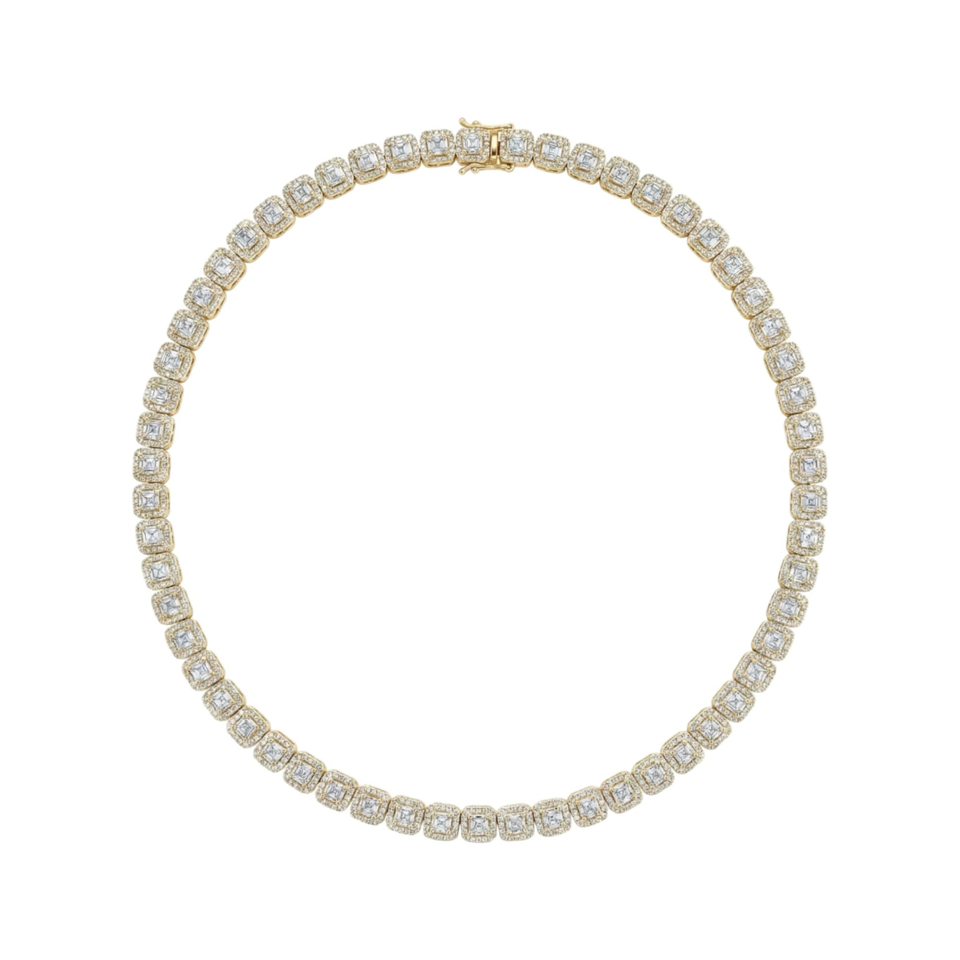 Gold bracelet with clear gemstones on a white background
