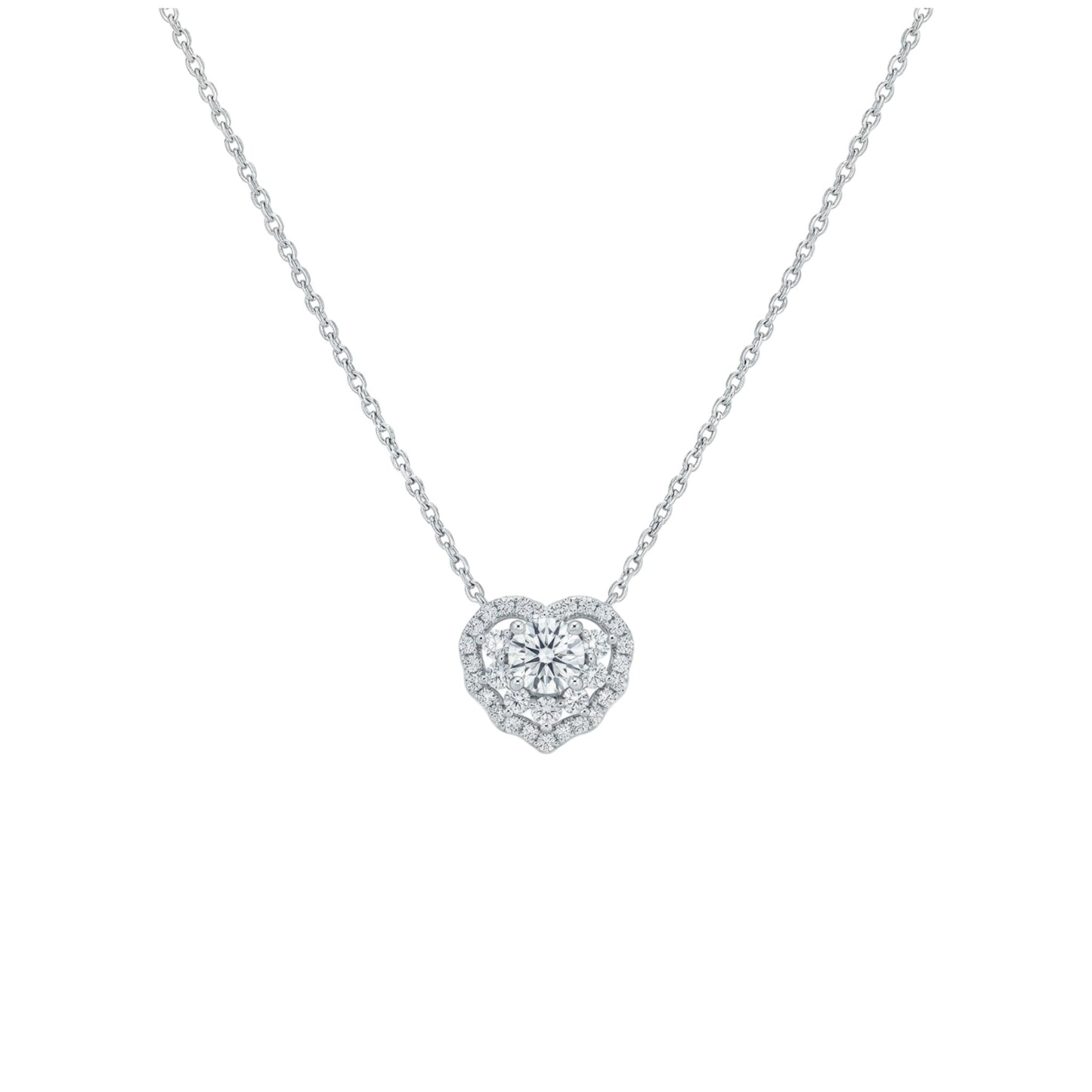 Heart-shaped diamond necklace on a white background