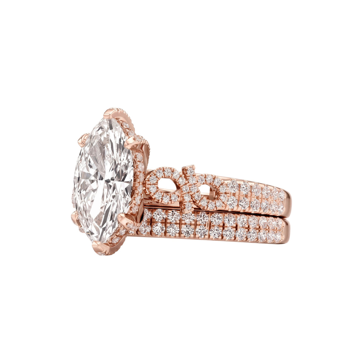 Rose gold engagement ring with a large oval-cut diamond and a matching pavé band, shown on a solid white background.