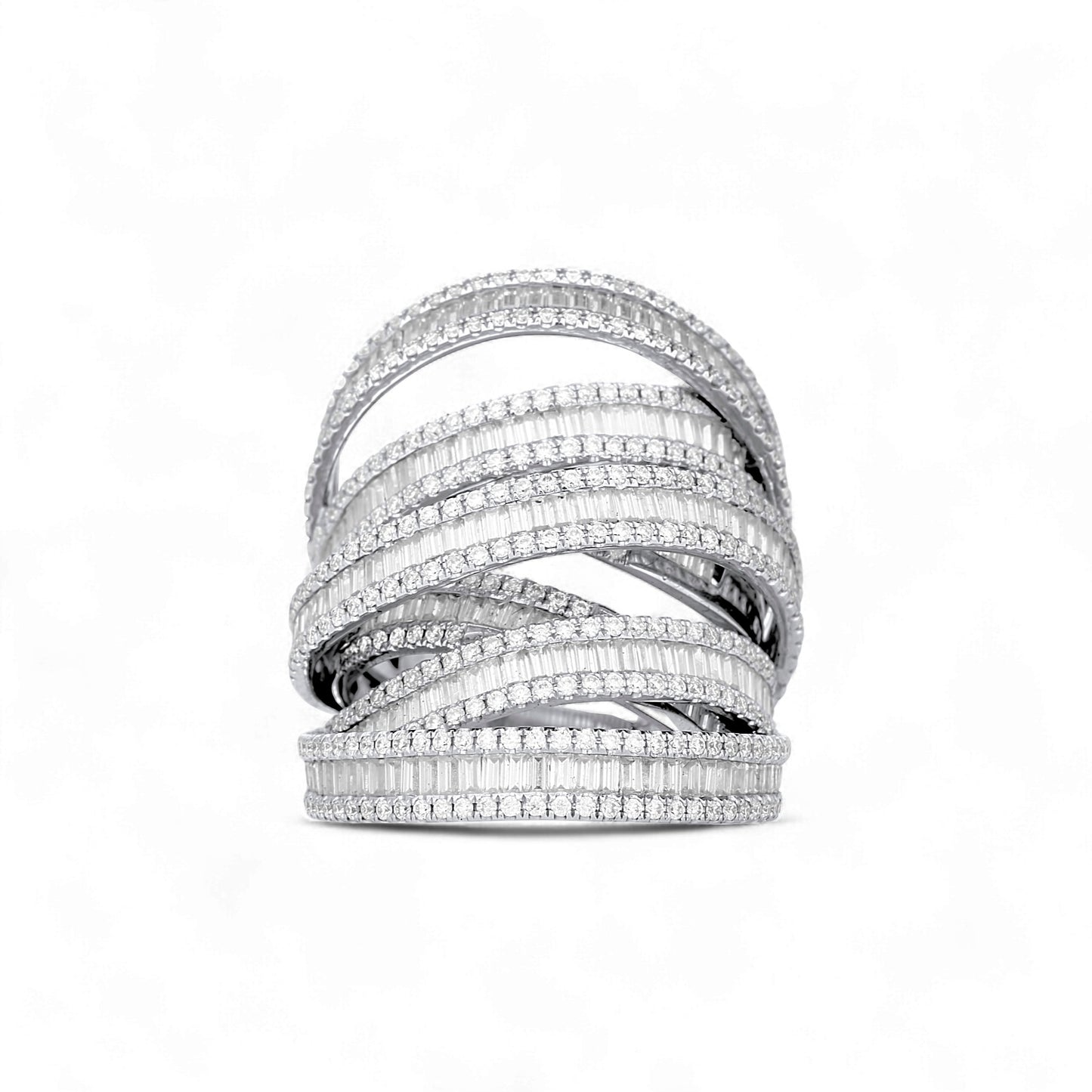 Multi-layered diamond ring on a white background