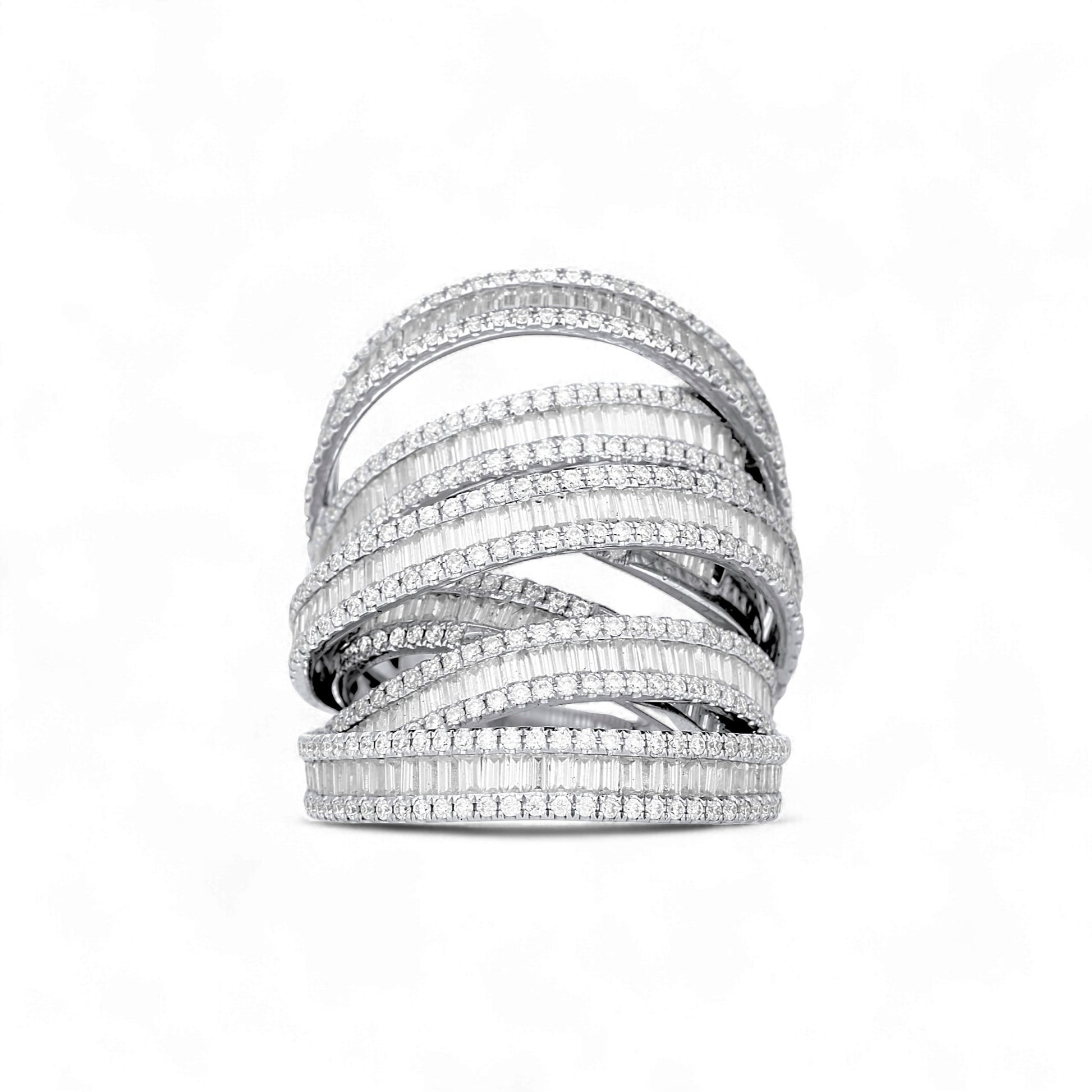 Multi-layered diamond ring on a white background