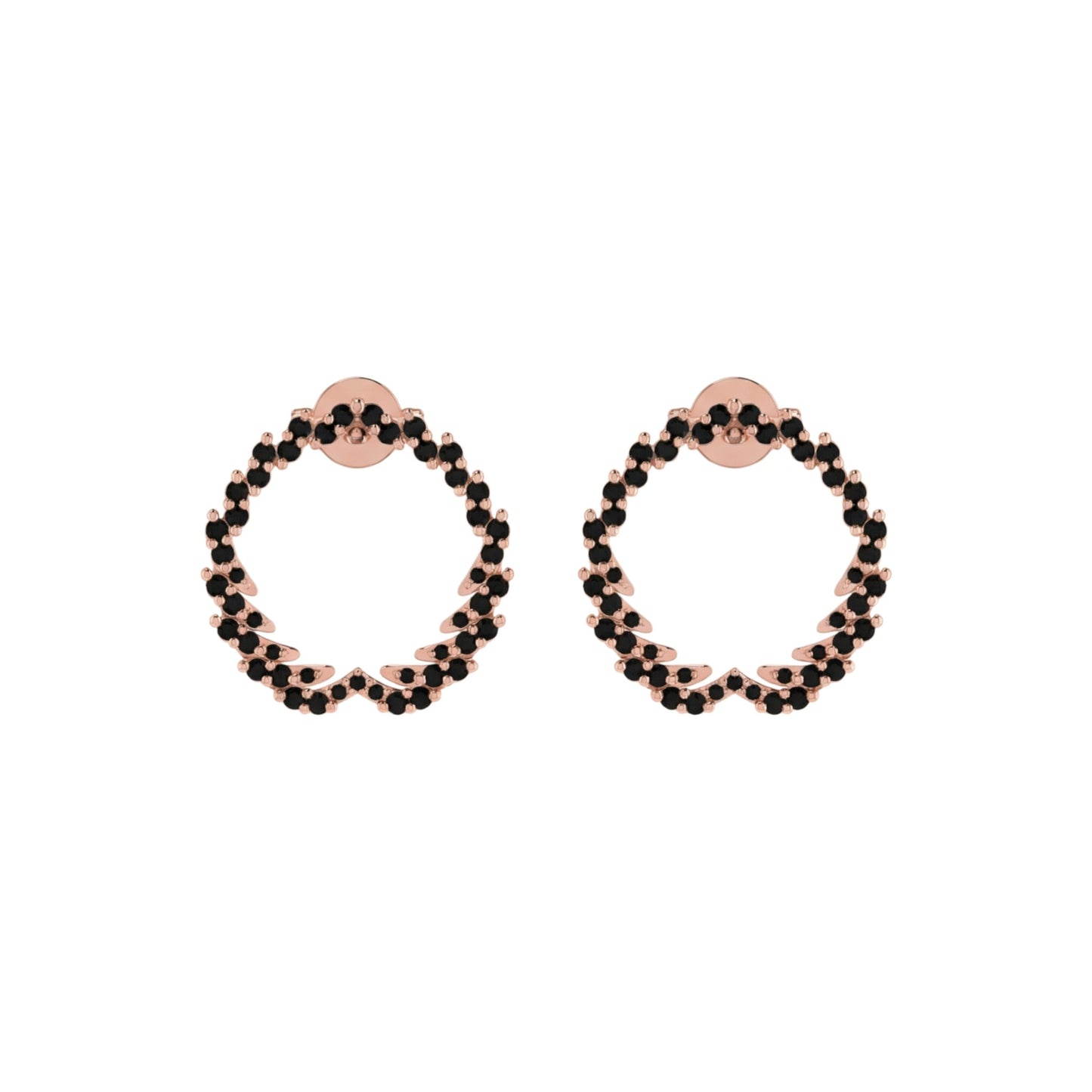 Pair of hoop earrings with black beads on a white background