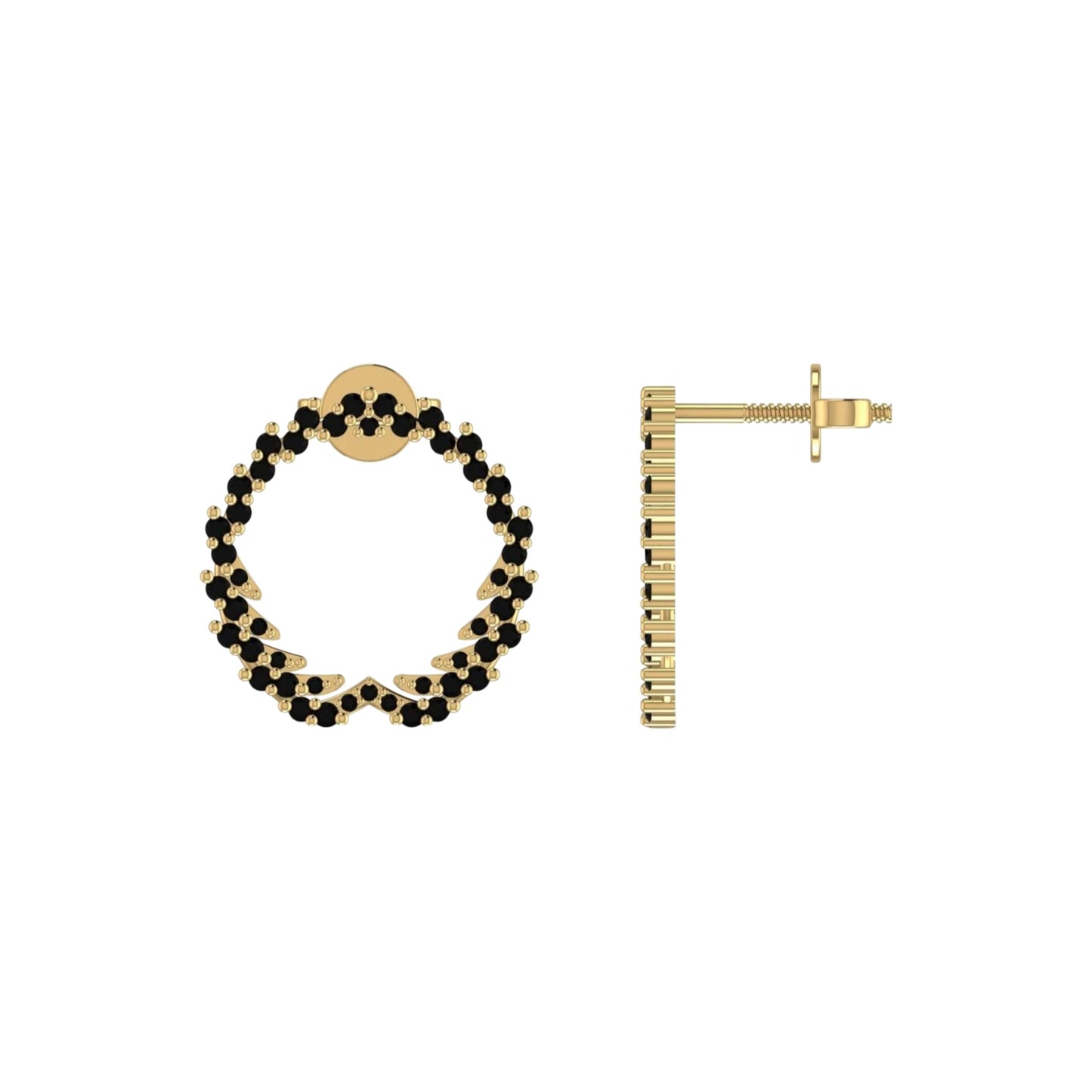 Gold hoop earring with black beads on a white background