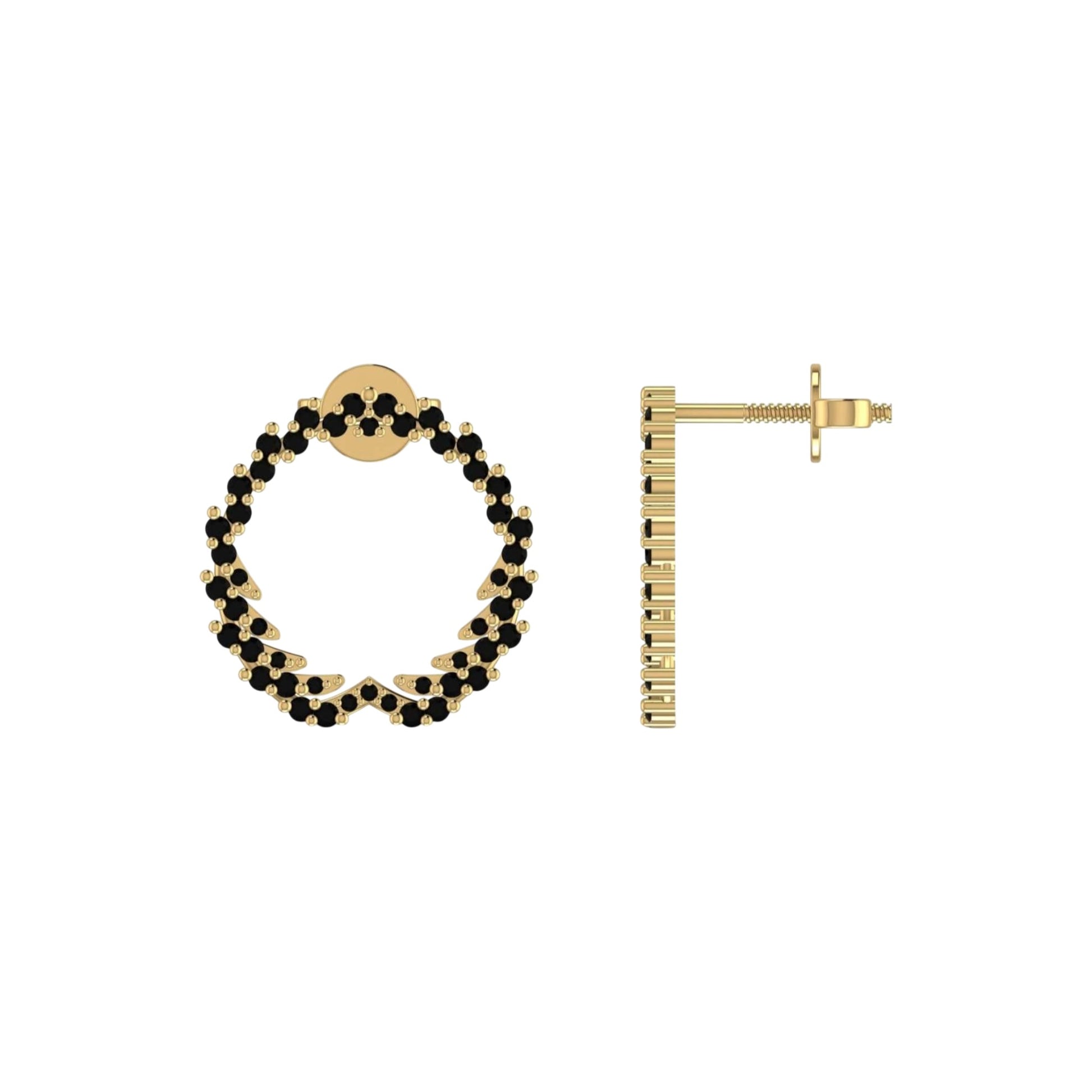 Gold hoop earring with black beads on a white background