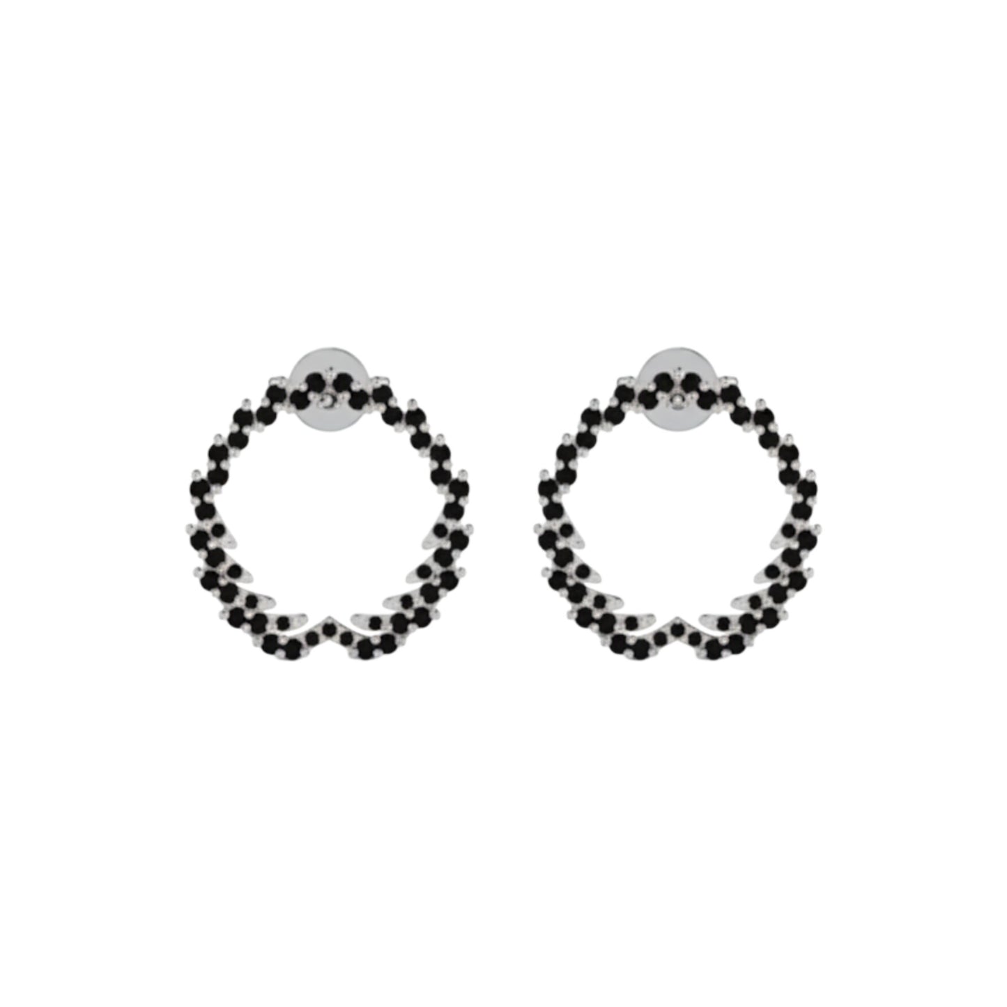 Pair of hoop earrings with black beads on a white background