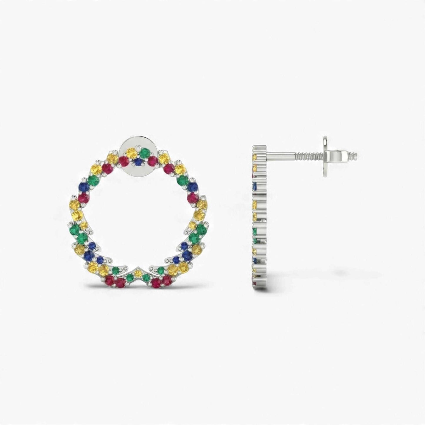 Multicolored gemstone hoop earring on a white background