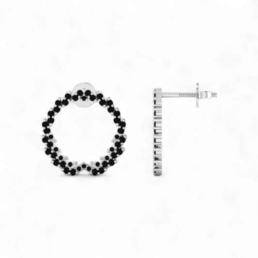 Black beaded hoop earring and silver bar earring on a white background