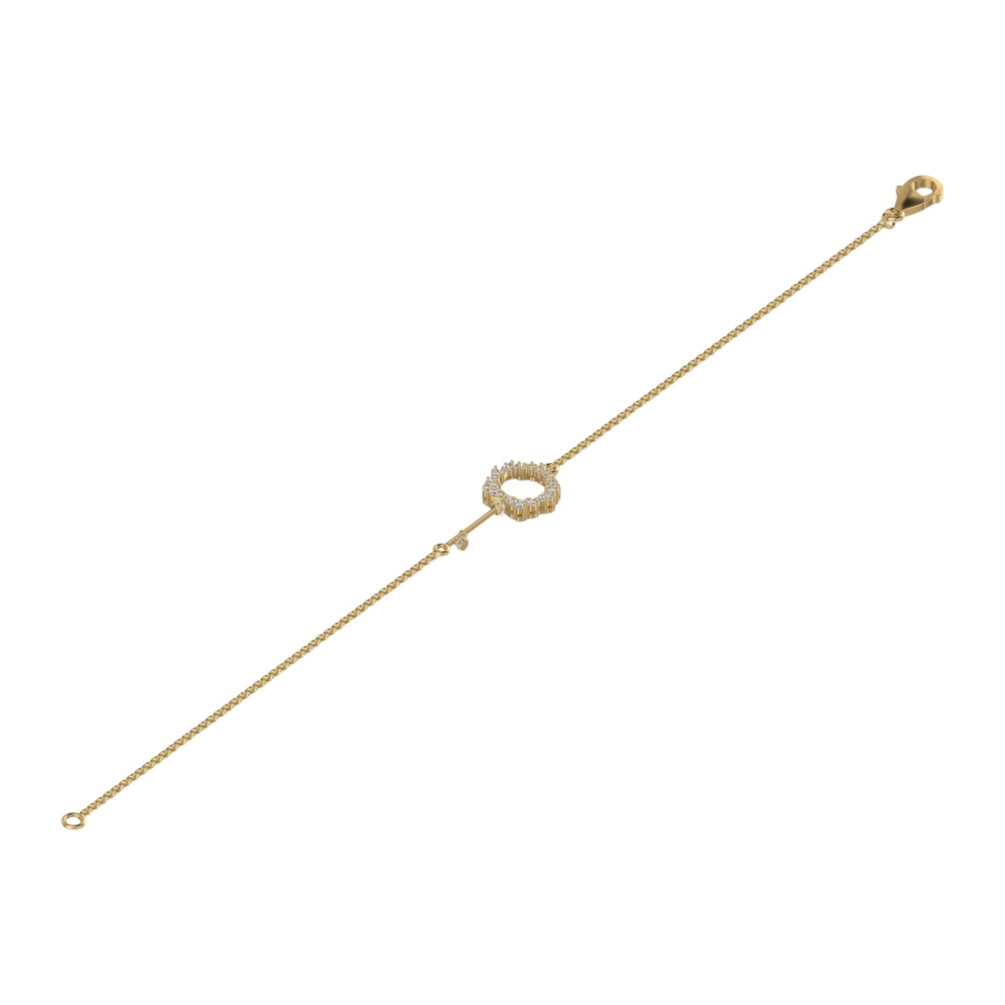 Gold bracelet with a small circular clasp on a white background