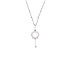 Silver key-shaped pendant necklace on a white background