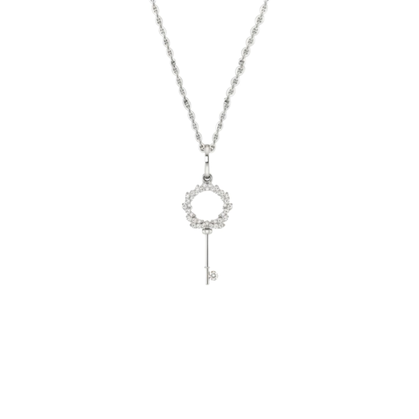 Silver key-shaped pendant necklace on a white background