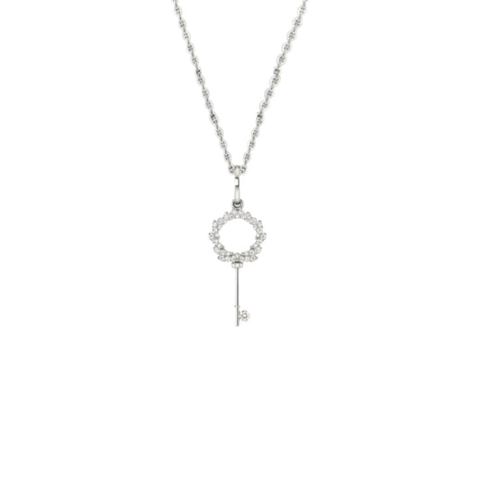 Silver key-shaped pendant necklace on a white background