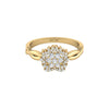 BOZ Forever Moissanite engagement ring in 18KT gold with twisted band and cluster of sparkling stones