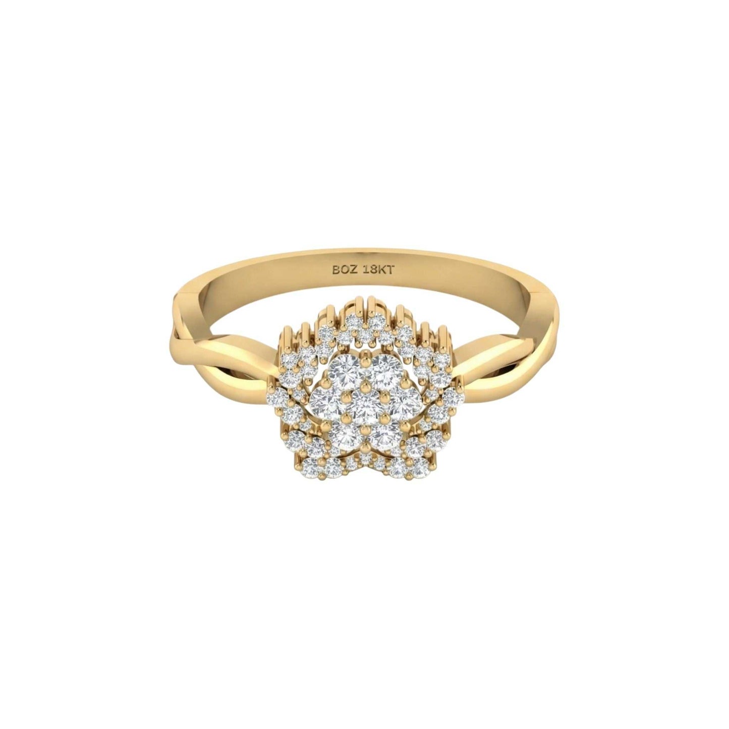 BOZ Forever Moissanite engagement ring in 18KT gold with twisted band and cluster of sparkling stones