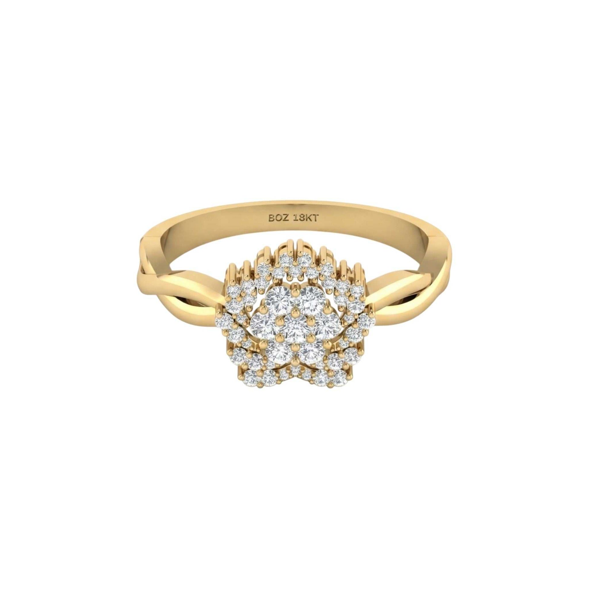 BOZ Forever Moissanite engagement ring in 18KT gold with twisted band and cluster of sparkling stones