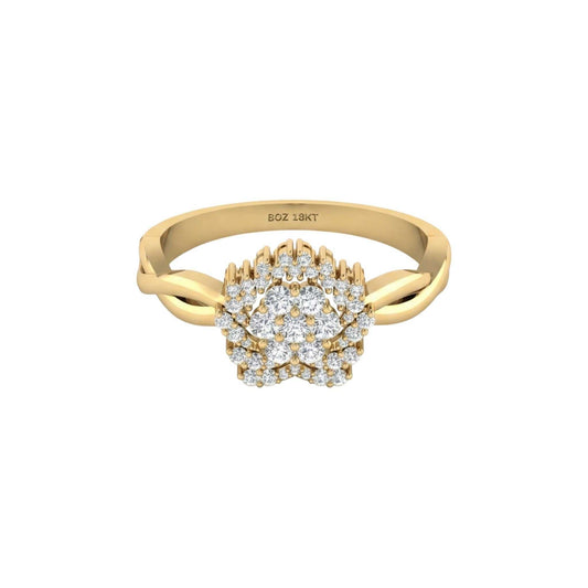BOZ Forever Moissanite engagement ring in 18KT gold with twisted band and cluster of sparkling stones