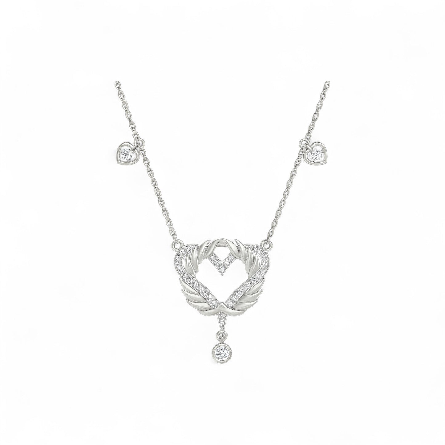 Silver necklace with a heart-shaped pendant on a white background