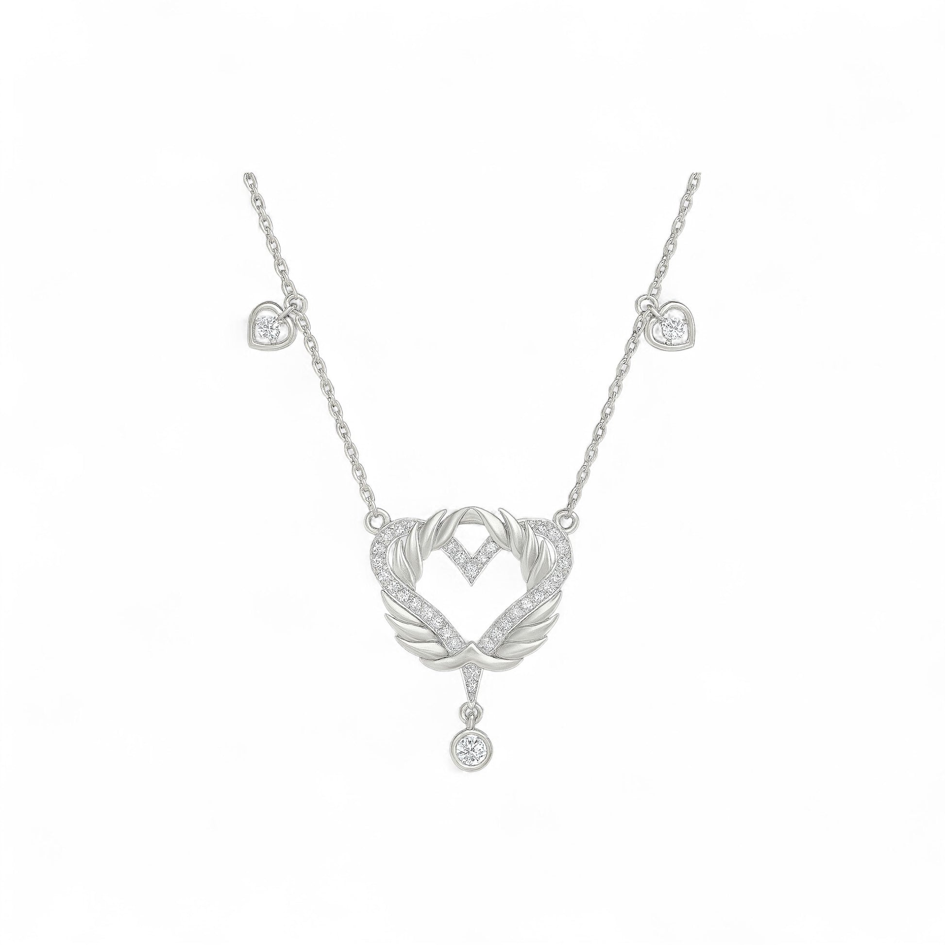 Silver necklace with a heart-shaped pendant on a white background