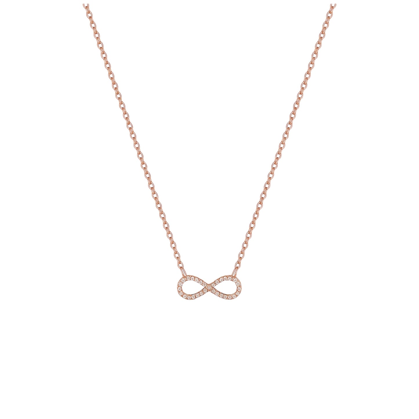Rose gold infinity necklace on a white background