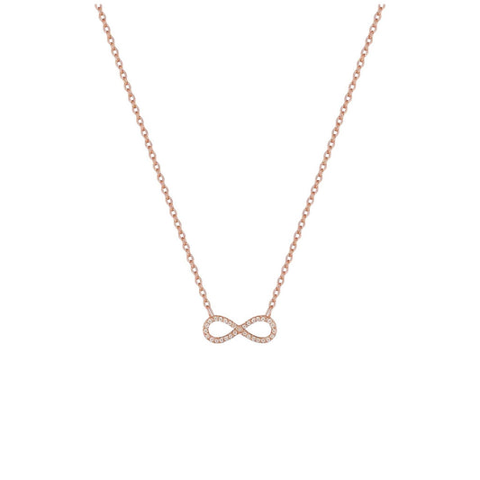 Rose gold infinity necklace on a white background