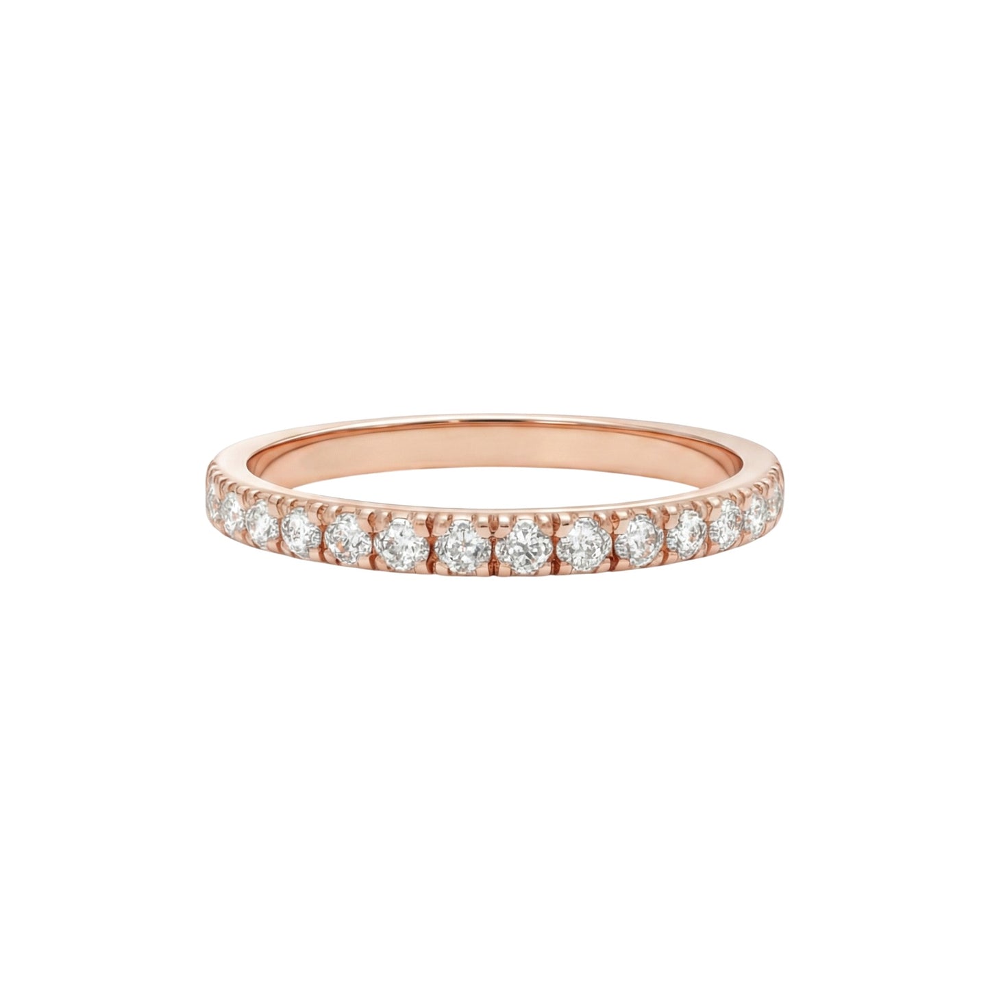 Rose gold ring with diamonds on a white background