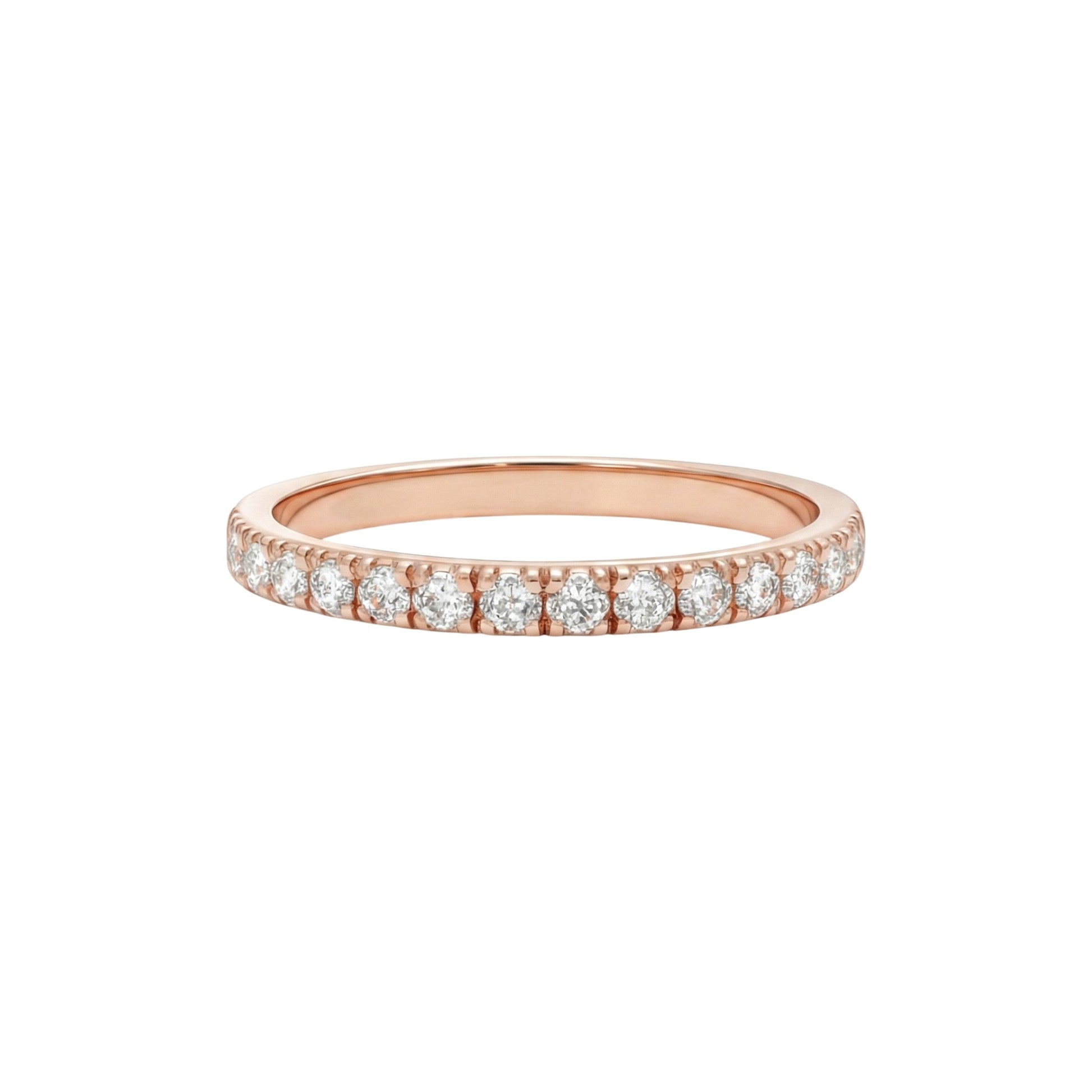 Rose gold ring with diamonds on a white background