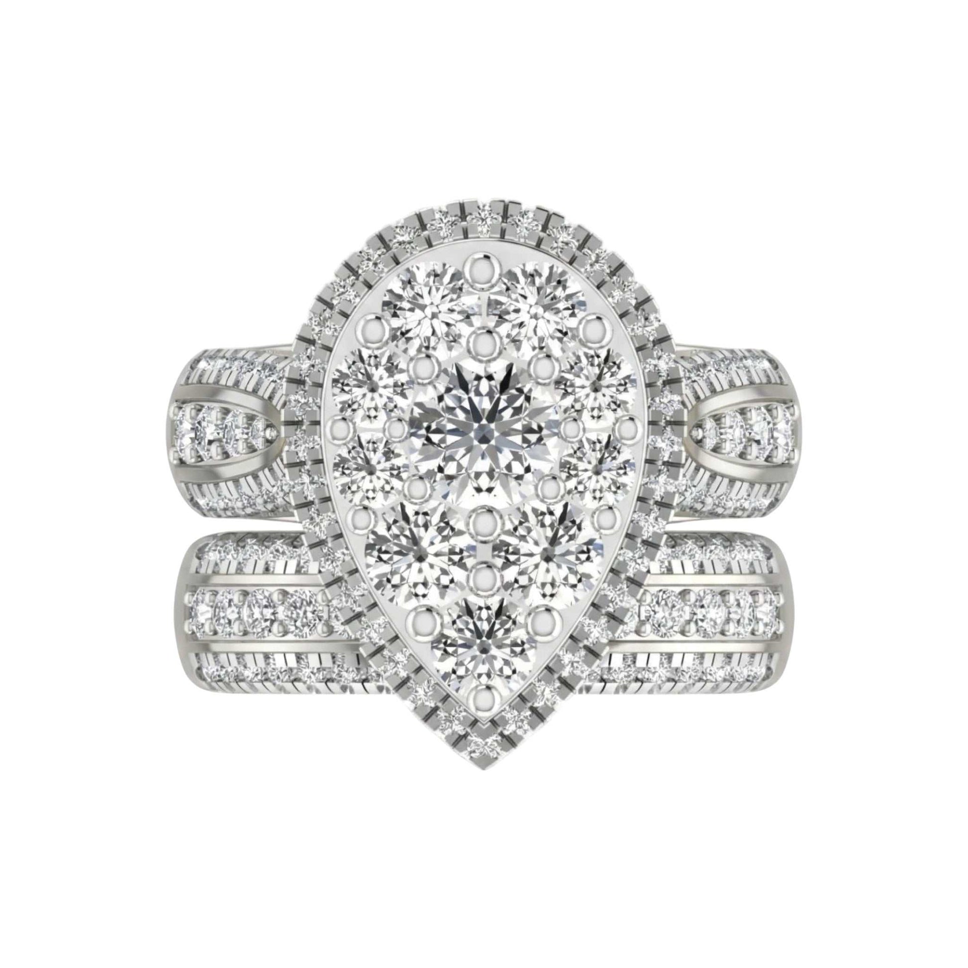 Diamond ring with a pear-shaped center stone on a white background