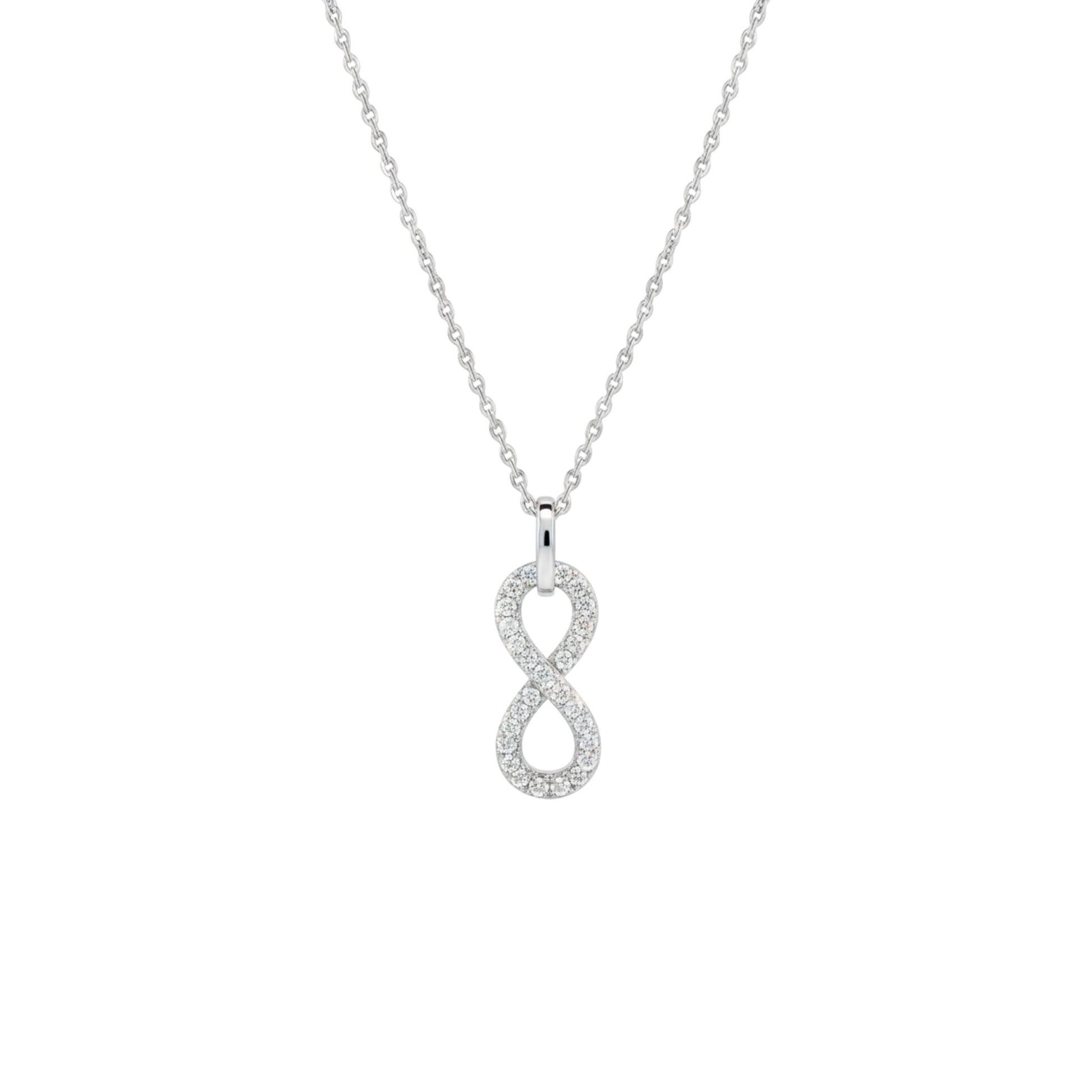 Silver infinity pendant necklace on a white background