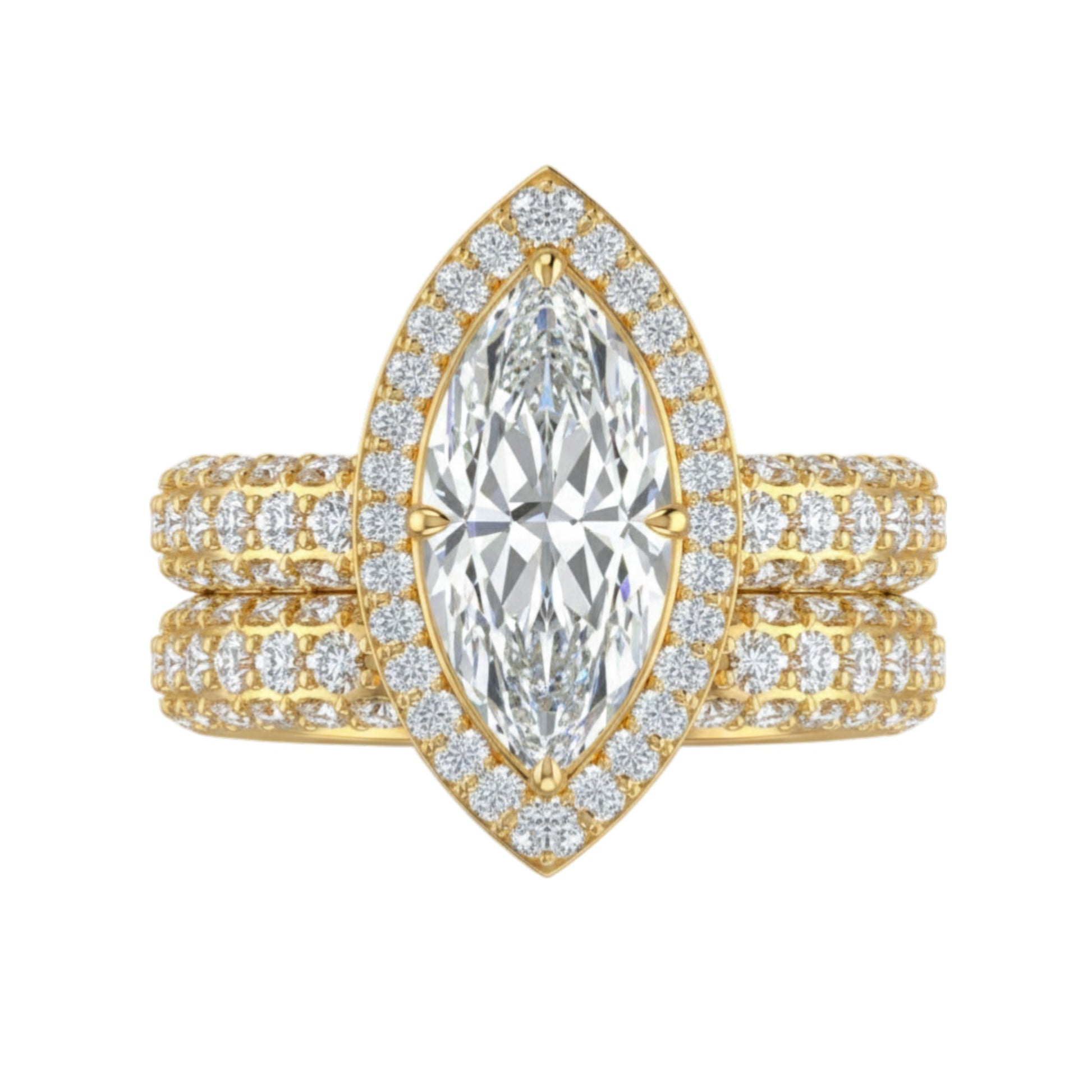 Gold ring with a large central diamond and smaller diamonds around on a white background