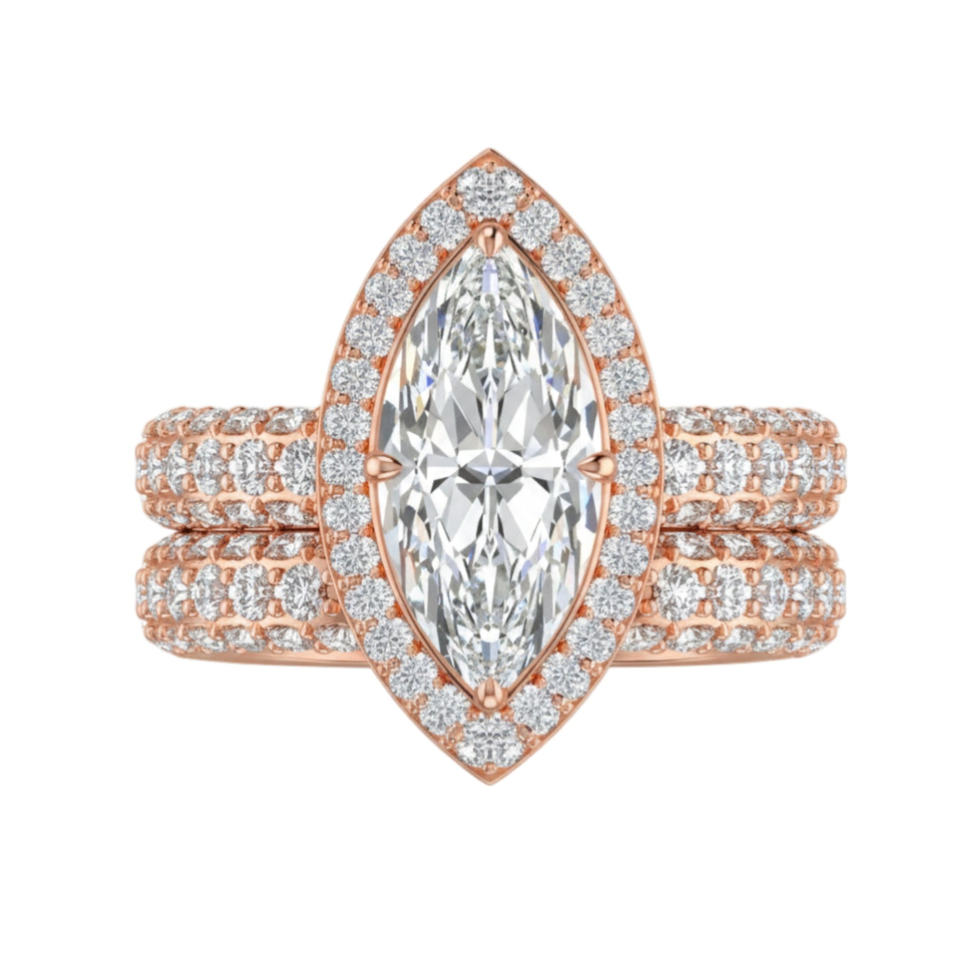 Rose gold ring with a large diamond and smaller diamonds on a white background