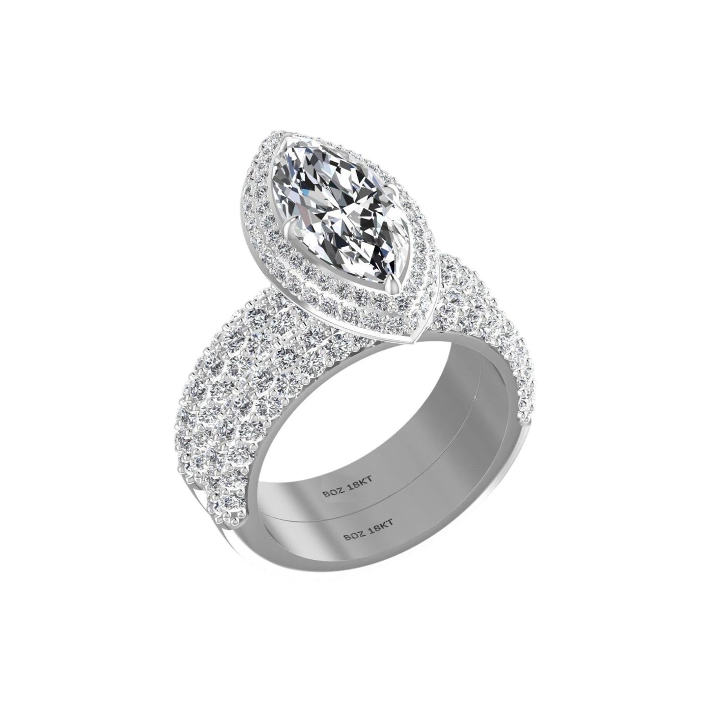 Elegant diamond ring with a large central gemstone and smaller diamonds on a white background