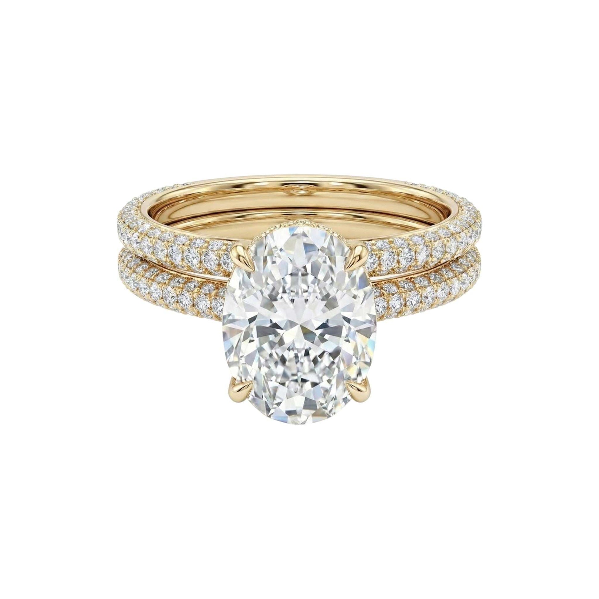 Anita Oval Cut Moissanite engagement ring with natural diamond halo and pavé band in 18KT gold