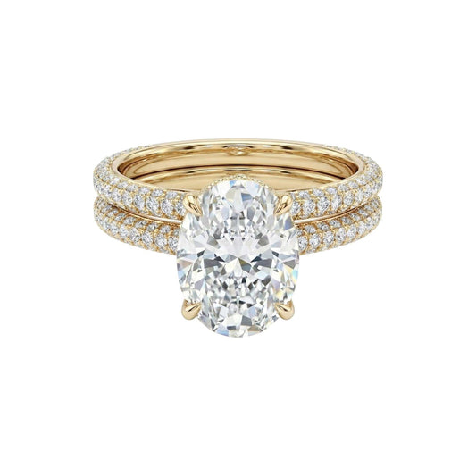 Anita Oval Cut Moissanite engagement ring with natural diamond halo and pavé band in 18KT gold