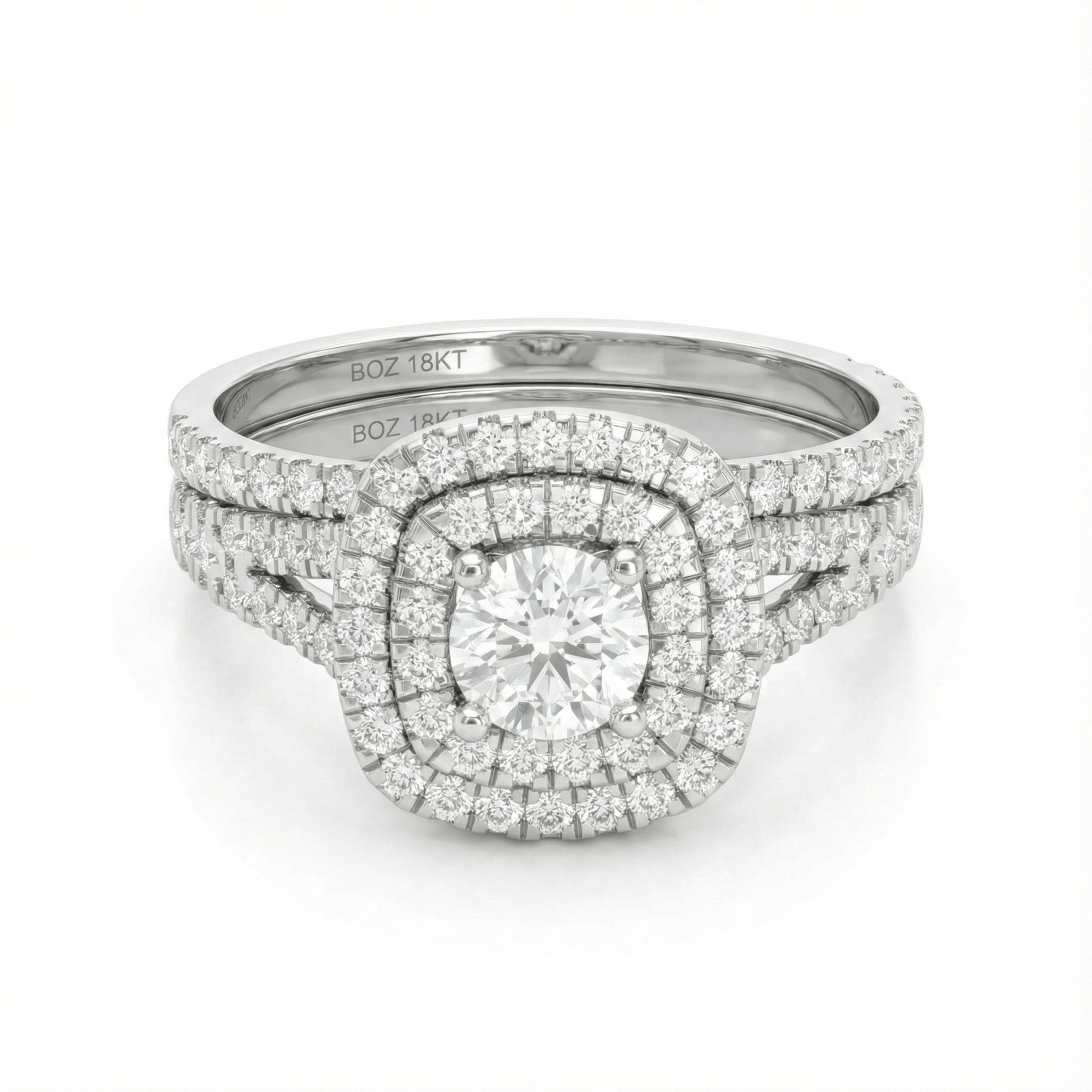 Audre Round Cut natural diamond cluster bride set in 18KT gold with pavé diamonds and split shank design