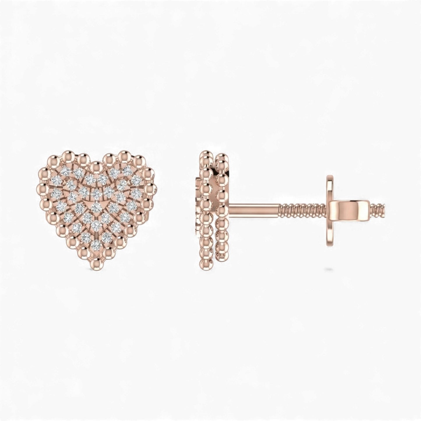 Rose gold heart-shaped earrings with clear gemstones on a white background