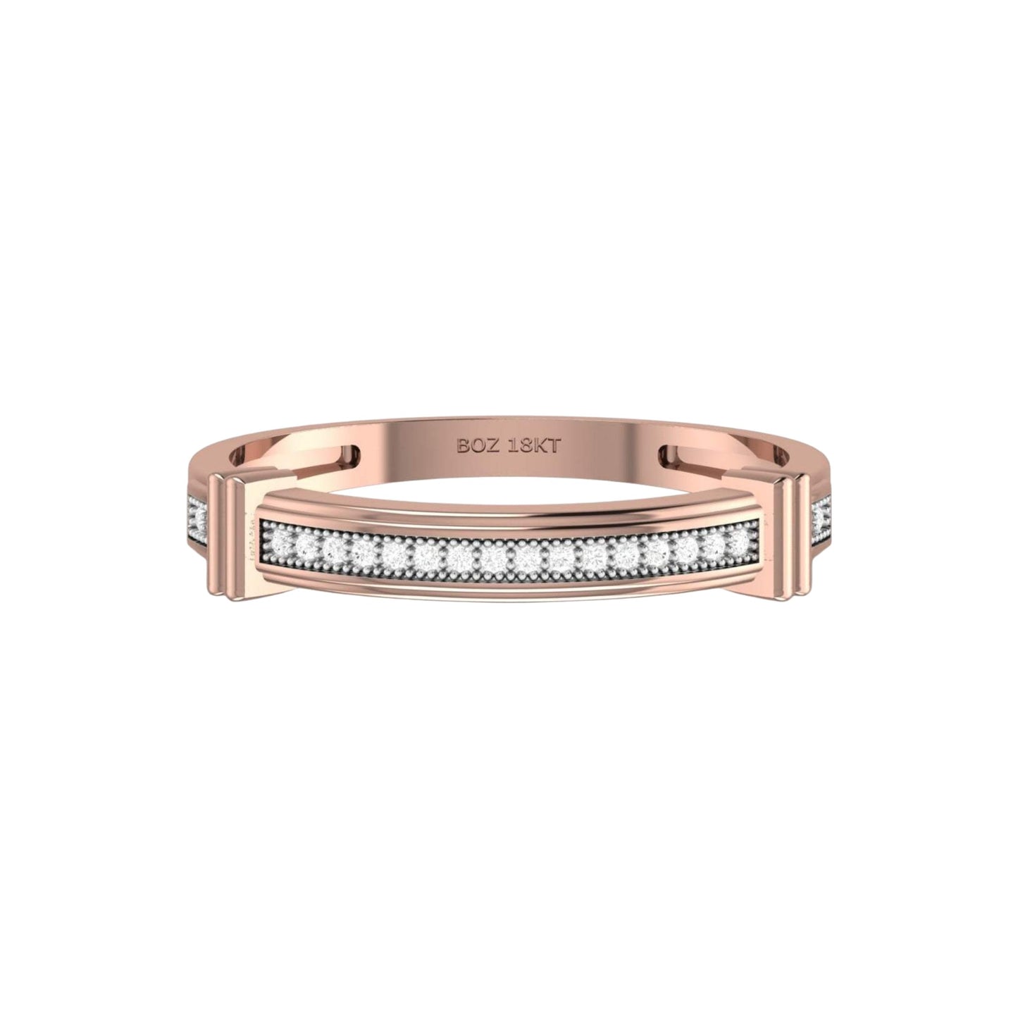 Rose gold ring with diamonds on a white background