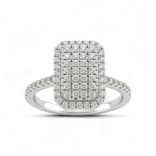 Diamond ring with a square cluster design on a white background