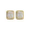 Baguette cut moissanite stud earrings in 18kt gold with halo of brilliant moissanite accents