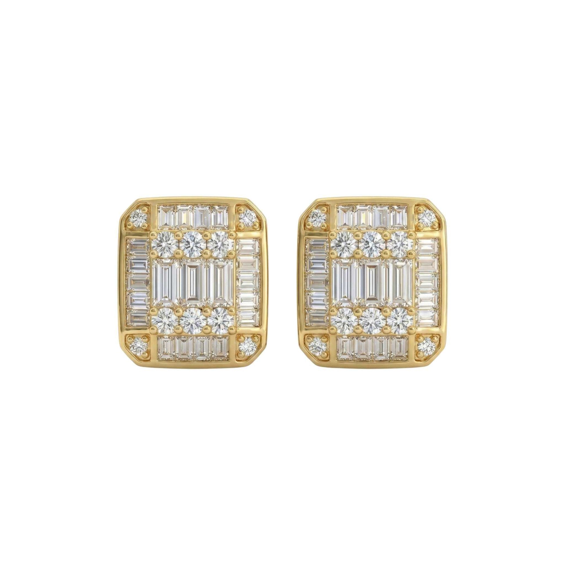 Baguette cut moissanite stud earrings in 18kt gold with halo of brilliant moissanite accents